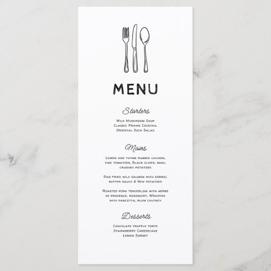 Whimsical Doodle Cutlery Wedding Menu (Voorkant)