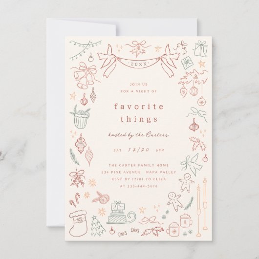 Whimsical Doodle Favoriete Dingen Kerstfeest Kaart (Voorkant)