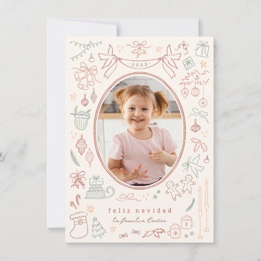Whimsical Doodle Feliz Navidad Spaanse Kerst Feestdagenkaart (Voorkant)