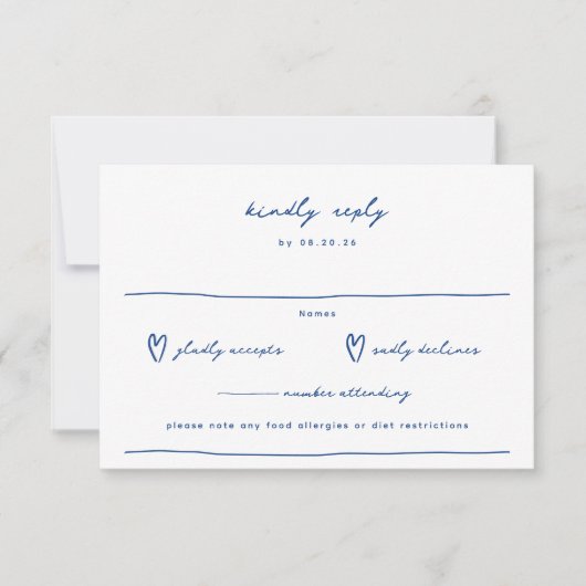 Whimsical Doodle Frans Blauw Bruiloft RSVP Kaartje (Voorkant)