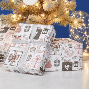 Whimsical Doodle Gifts Tekening Roze Kerst Schatti Cadeaupapier