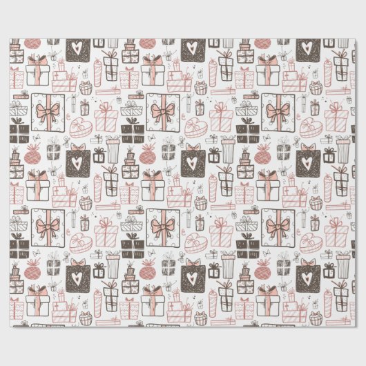 Whimsical Doodle Gifts Tekening Roze Kerst Schatti Cadeaupapier (Vlak)