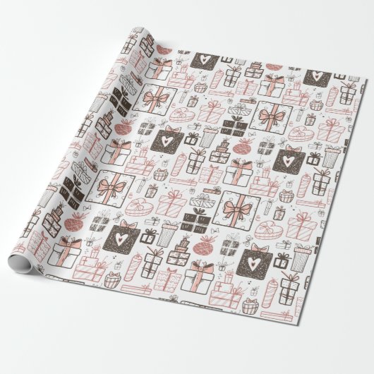 Whimsical Doodle Gifts Tekening Roze Kerst Schatti Cadeaupapier (Uitgerold)