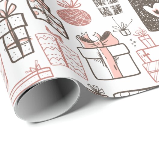 Whimsical Doodle Gifts Tekening Roze Kerst Schatti Cadeaupapier (Rol Hoek)