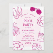 Whimsical Doodle Girl Pool Party Verjaardag Kaart (Voorkant)