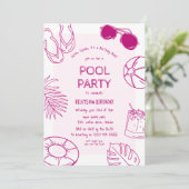 Whimsical Doodle Girl Pool Party Verjaardag Kaart (Staand voorkant)