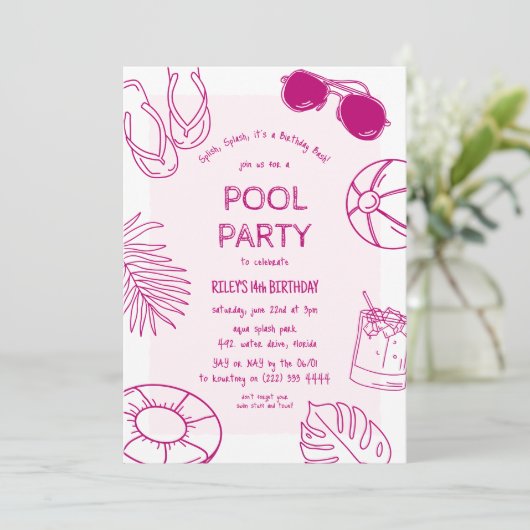 Whimsical Doodle Girl Pool Party Verjaardag Kaart (Staand voorkant)