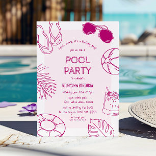 Whimsical Doodle Girl Pool Party Verjaardag Kaart