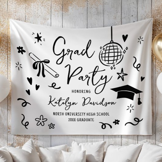 Whimsical Doodle Grad Party Graduation Backdrop Wandkleed