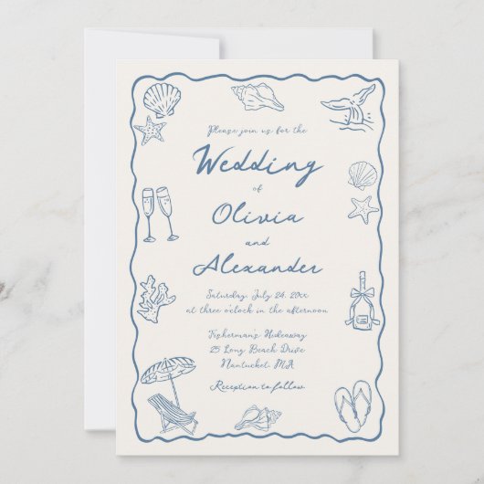 Whimsical Doodle Hand Drawn Coastal Beach Wedding Kaart (Voorkant)