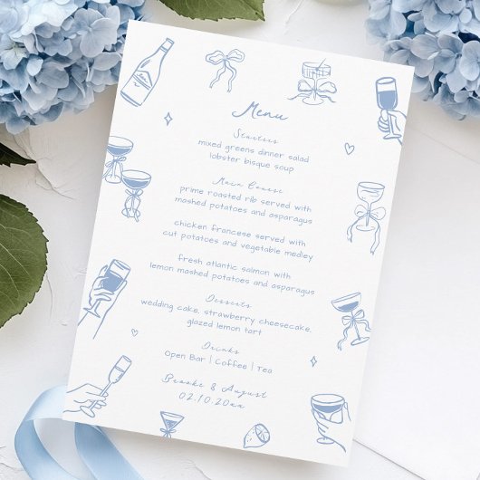 Whimsical Doodle Hand getekend Dusty Blue Wedding Menu