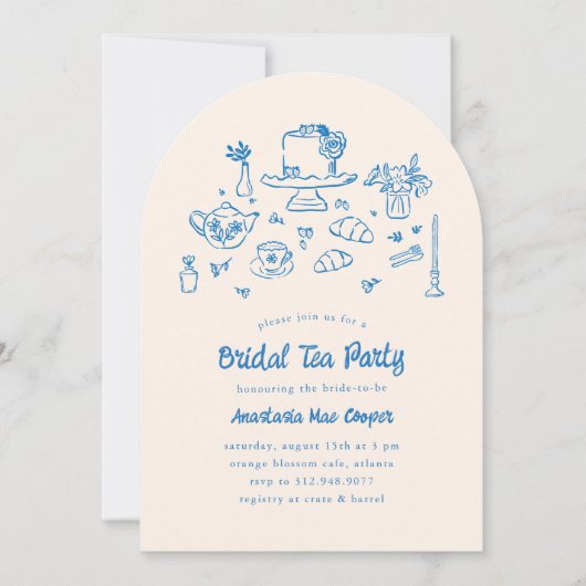 Whimsical Doodle Hand getrokken Bruids Tea Party Kaart (Voorkant)