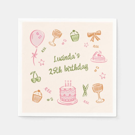 Whimsical Doodle Hand getrokken verjaardagsfeestje Servet (Voorkant)