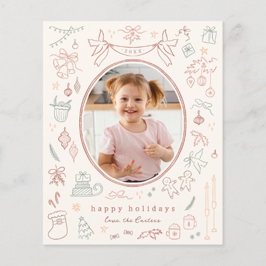 Whimsical Doodle Moderne Kerstfoto Budget (Voorkant)