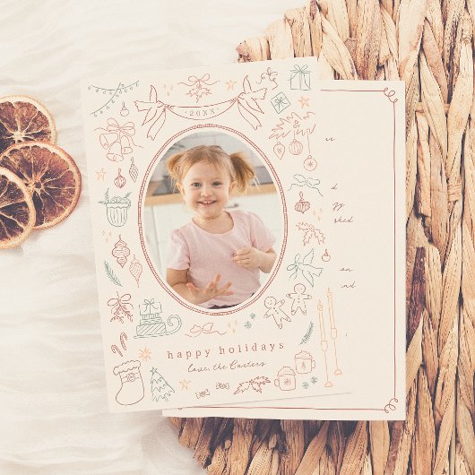 Whimsical Doodle Moderne Kerstvakantie Foto Feestdagenkaart