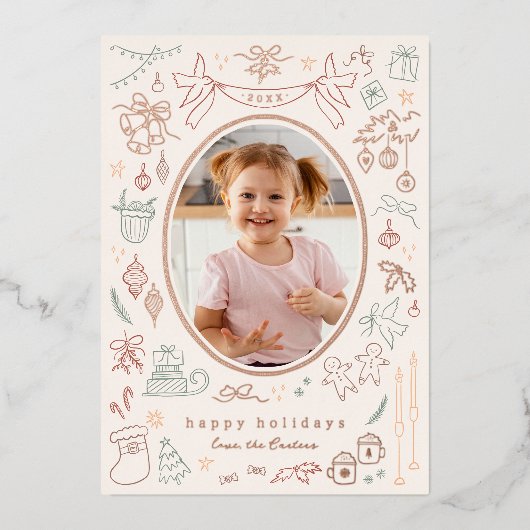 Whimsical Doodle Moderne Kerstvakantie Foto Folie Feestdagenkaart (Voorkant)