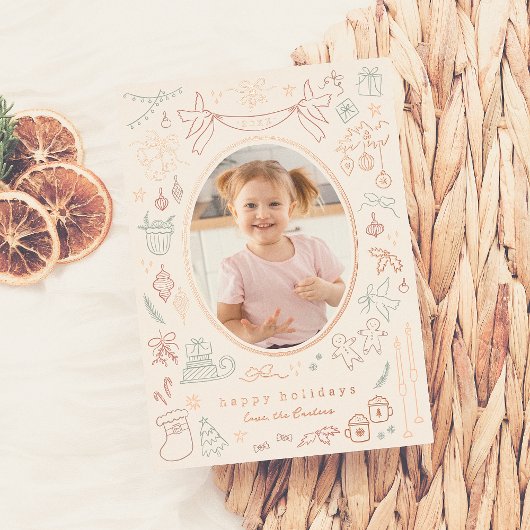 Whimsical Doodle Moderne Kerstvakantie Foto Folie Feestdagenkaart