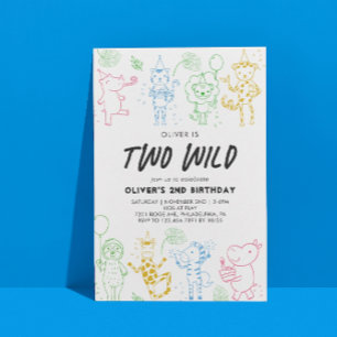 Whimsical Doodle Party Animals 2e verjaardag Kaart