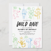 Whimsical Doodle Party Dieren 1e verjaardag Kaart (Voorkant)