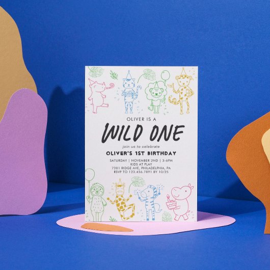 Whimsical Doodle Party Dieren 1e verjaardag Kaart