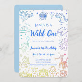 Whimsical Doodle Party Dieren 1e verjaardag Kaart (Voorkant / Achterkant)