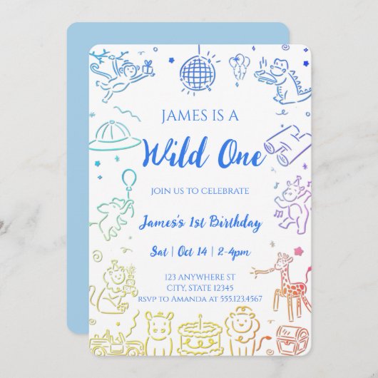 Whimsical Doodle Party Dieren 1e verjaardag Kaart (Voorkant / Achterkant)