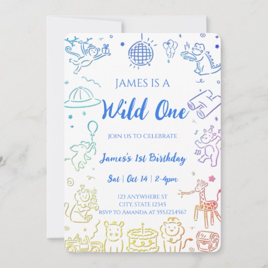 Whimsical Doodle Party Dieren 1e verjaardag Kaart (Voorkant)