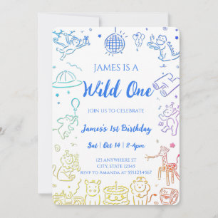 Whimsical Doodle Party Dieren 1e verjaardag Kaart