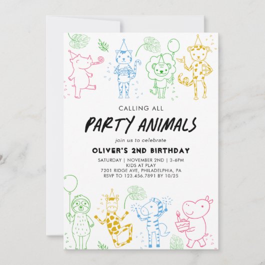 Whimsical Doodle Party Dieren Elk Jaar Verjaardag Kaart (Voorkant)