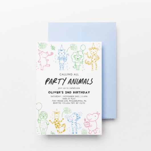 Whimsical Doodle Party Dieren Elk Jaar Verjaardag Kaart