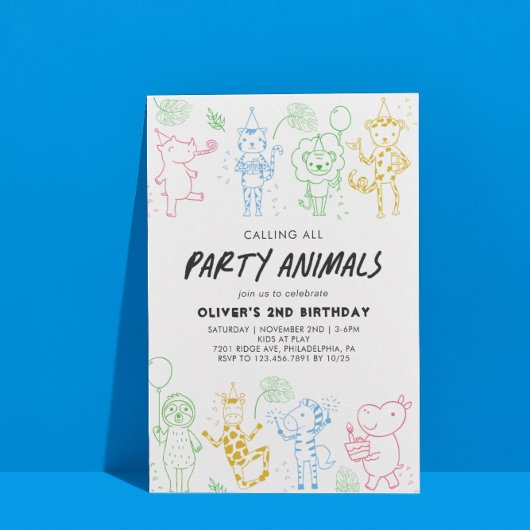 Whimsical Doodle Party Dieren Elk Jaar Verjaardag Kaart