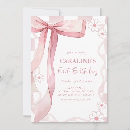 Whimsical Doodle Pink Bow eerste verjaardag Kaart (Voorkant)