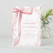 Whimsical Doodle Pink Bow eerste verjaardag Kaart (Staand voorkant)