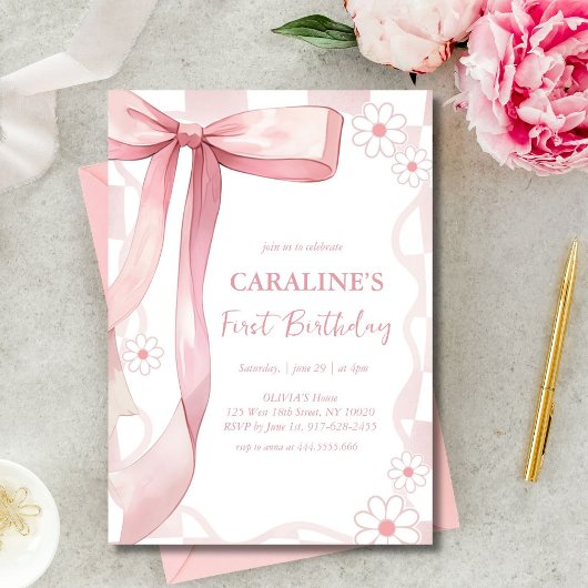 Whimsical Doodle Pink Bow eerste verjaardag Kaart