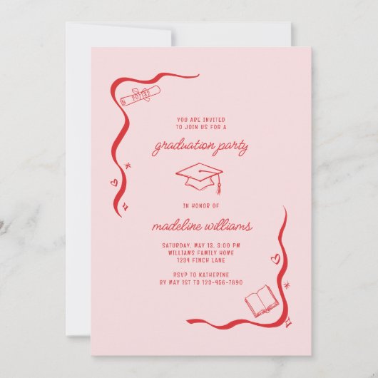 Whimsical Doodle Pink Red Graduation Party Kaart (Voorkant)