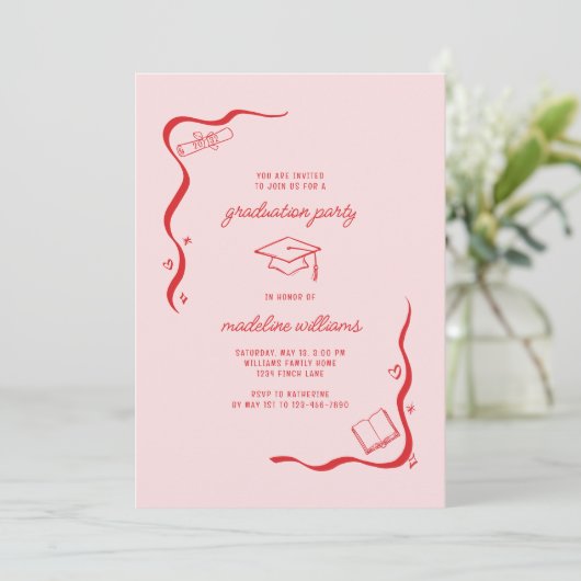 Whimsical Doodle Pink Red Graduation Party Kaart (Staand voorkant)