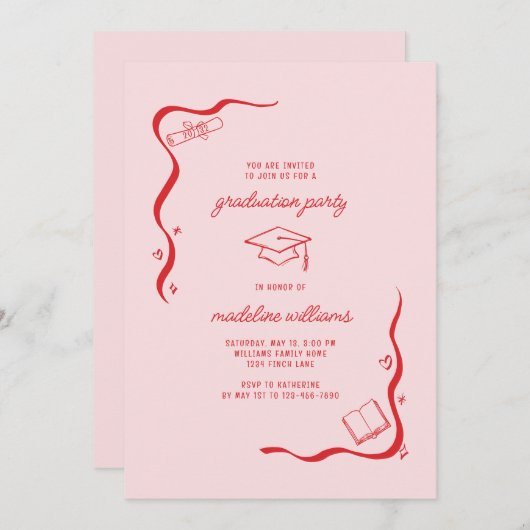 Whimsical Doodle Pink Red Graduation Party Kaart (Voorkant / Achterkant)
