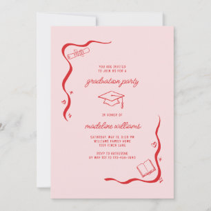 Whimsical Doodle Pink Red Graduation Party Kaart