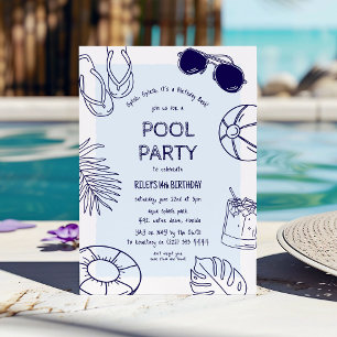 Whimsical Doodle Pool Party Verjaardag Kaart