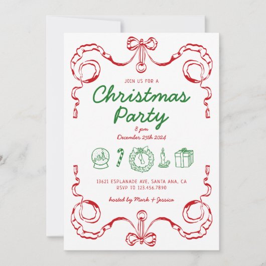 Whimsical Doodle Rood en Groen Kerstfeest Kaart (Voorkant)