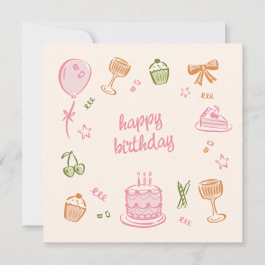 Whimsical Doodle Sketches Happy Birthday Kaart (Voorkant)