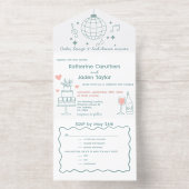 Whimsical doodle styled blue wedding all in one uitnodiging (Binnenkant)