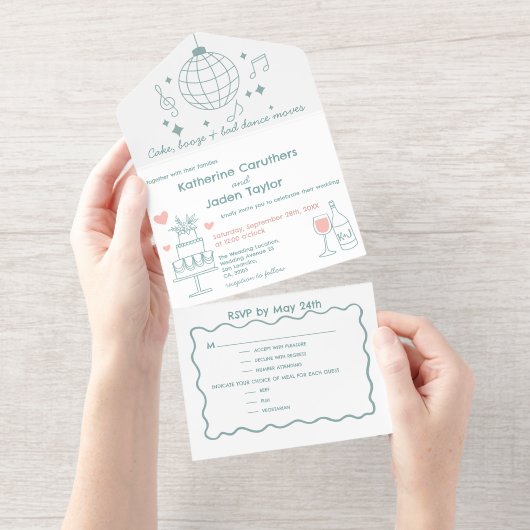 Whimsical doodle styled blue wedding all in one uitnodiging (Uittrekbaar)