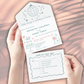 Whimsical doodle styled blue wedding all in one uitnodiging