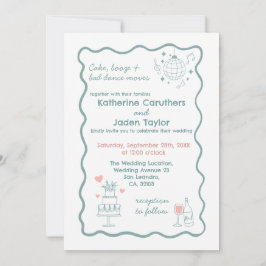 Whimsical doodle styled blue wedding Invitation Kaart