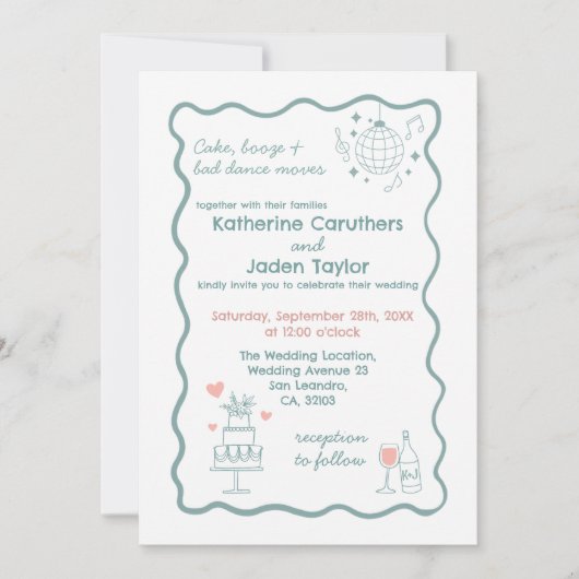 Whimsical doodle styled blue wedding Invitation Kaart (Voorkant)