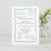 Whimsical doodle styled blue wedding Invitation Kaart (Staand voorkant)