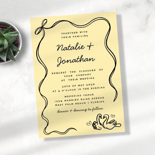 Whimsical Doodle Swans Butter Geel Zwart Trouwen Kaart
