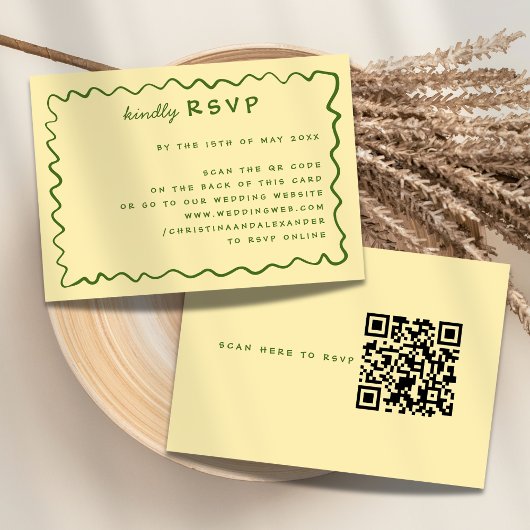 Whimsical Doodle Yellow & Green Wedding RSVP Kaart