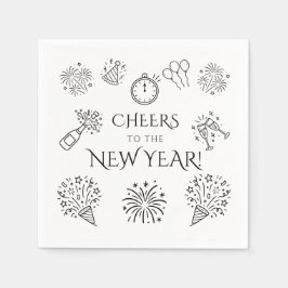 Whimsical Doodles Black Cheers to New Year Party Servet